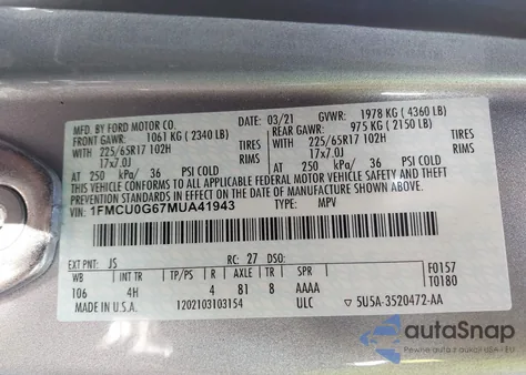 2021 Ford Escape Se z USA, uszkodzony, nr VIN 1FMCU0G67MUA41943